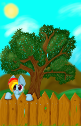 Size: 2863x4455 | Tagged: safe, artist:the-fox-experiment, derpibooru import, rainbow dash, pegasus, pony, cute, fence, solo, standing, tree