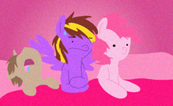 Size: 604x369 | Tagged: safe, pinkie pie, oc, earth pony, pegasus, pony, unicorn, bed, drool, female, mare, pinkierespuestas