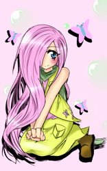 Size: 500x800 | Tagged: safe, artist:angiiaikukki, fluttershy, butterfly, human, blushing, bubble, female, hair over one eye, humanized, sitting, solo