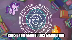 Size: 1067x599 | Tagged: safe, edit, edited screencap, screencap, starlight glimmer, sunburst, pony, celestial advice, bird's eye view, chalk, female, image macro, magic, magic circle, male, mare, meme, stallion