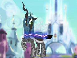 Size: 1024x768 | Tagged: safe, edit, edited screencap, screencap, king sombra, queen chrysalis, changeling, changeling queen, pony, unicorn, season 9, the beginning of the end, spoiler:s09, crystal empire, disguise, fake, fake spoiler, female, morph, plot twist, shapeshifting, solo, theory