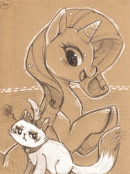 Size: 488x648 | Tagged: safe, artist:mi-eau, opalescence, rarity, pony, unicorn, cardboard, monochrome, partial color, pet, sepia, traditional art