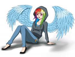 Size: 1672x1275 | Tagged: safe, artist:shiawase-ji, derpibooru import, rainbow dash, human, clothes, cute, cute little fangs, fangs, female, hoodie, humanized, nail polish, no more ponies at source, pants, sitting, solo, toothpick, winged humanization, wings