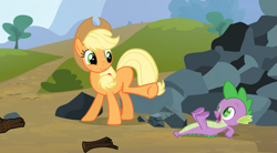 Size: 851x469 | Tagged: safe, screencap, applejack, spike, dragon, earth pony, pony, spike at your service, female, male, mare