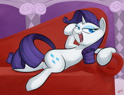 Size: 1650x1275 | Tagged: safe, artist:loosepopcorn, rarity, pony, unicorn, cute, fainting couch, female, lidded eyes, mare, open mouth, raribetes, signature, solo