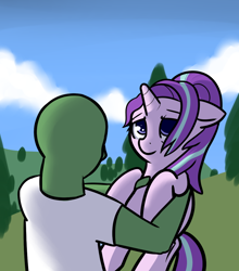 Size: 996x1134 | Tagged: safe, artist:neuro, starlight glimmer, oc, oc:anon, human, pony, unicorn, cute, female, floppy ears, glimmerbetes, hnnng, holding a pony, male, mare, sad