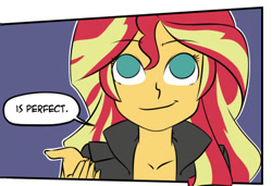 Size: 400x274 | Tagged: safe, artist:yokappa69, sunset shimmer, equestria girls, clothes, collarbone, comic, leather jacket, reaction image, smiling, solo