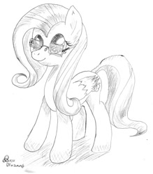 Size: 702x800 | Tagged: safe, artist:blazang, fluttershy, pegasus, pony, black and white, glasses, grayscale, traditional art