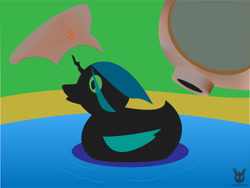 Size: 1280x961 | Tagged: safe, artist:101dsz, artist:wheatley r.h., queen chrysalis, changeling, changeling queen, helmet, implied chrysalis, lake, rubber duck, scuba, single panel, vector, water, watermark