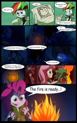 Size: 1024x1638 | Tagged: safe, artist:fj-c, derpibooru import, fluttershy, pinkie pie, rainbow dash, human, comic, dialogue, fantasy equestria, fire, humanized, pony coloring