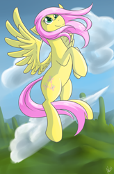 Size: 2062x3150 | Tagged: safe, artist:publiclibraryx, fluttershy, pegasus, pony, cloud, cloudy, solo, windswept mane