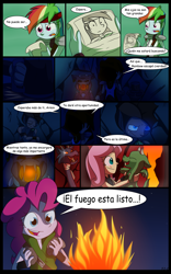 Size: 1024x1638 | Tagged: safe, artist:fj-c, derpibooru import, fluttershy, pinkie pie, rainbow dash, human, comic, dialogue, fantasy equestria, fire, humanized, pony coloring, spanish