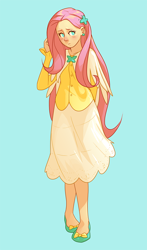 Size: 800x1362 | Tagged: safe, artist:pockyy, fluttershy, clothes, female, humanized, pink hair, solo