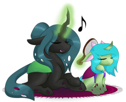 Size: 2684x2171 | Tagged: safe, artist:ghostlykittycat, queen chrysalis, oc, changedling, changeling, changeling queen, alternate hairstyle, brush, brushing, changedling oc, changeling hybrid, changeling oc, crossed hooves, duo, eye clipping through hair, eyes closed, female, filly, glowing horn, hair bun, magic, mommy chrissy, mother and child, mother and daughter, music notes, open mouth, parent and child, parent:queen chrysalis, parent:thorax, parents:chrysarax, rug, sidemouth, singing, sitting, telekinesis