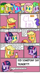 Size: 914x1648 | Tagged: safe, artist:thelonelyartisian, derpibooru import, applejack, derpy hooves, fluttershy, pinkie pie, rainbow dash, rarity, twilight sparkle, earth pony, pegasus, pony, unicorn, comic:pie eating contest, blindfold, comic, female, mane six, mare, mouth hold, party, pin the tail on the pony