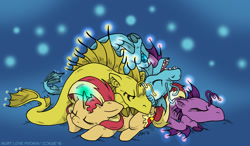 Size: 1200x699 | Tagged: safe, artist:kaemantis, adagio dazzle, aria blaze, sonata dusk, sunset shimmer, pony, siren, unicorn, equestria girls, adoragio, ariabetes, cuddle puddle, cuddling, cute, female, kaemantis is trying to murder us, mare, pony pile, shimmerbetes, sleeping, sonatabetes, the dazzlings, weapons-grade cute