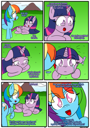 Size: 1233x1746 | Tagged: safe, artist:otakon, derpibooru import, rainbow dash, twilight sparkle, twilight sparkle (alicorn), alicorn, pegasus, pony, comic:love in the clouds, comic, crying, female, lesbian, shipping, starry eyes, twidash, wingding eyes