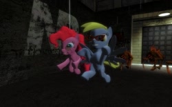 Size: 1680x1050 | Tagged: safe, artist:pinkie diane roosevelt phd, derpy hooves, pinkie pie, pegasus, pony, 3d, female, gmod, half life opposing force, half-life, happy, mare, pit drone, race x