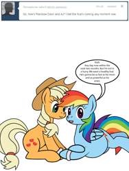 Size: 600x800 | Tagged: safe, artist:dekomaru, derpibooru import, applejack, rainbow dash, earth pony, pegasus, pony, appledash, ask, female, lesbian, magical lesbian spawn, offspring, pregnant, prone, shipping, tumblr, tumblr:ask twixie