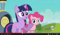 Size: 851x507 | Tagged: safe, derpibooru import, screencap, pinkie pie, twilight sparkle, earth pony, pony, games ponies play, fourth wall, youtube, youtube caption