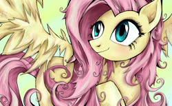 Size: 900x556 | Tagged: safe, artist:buckingawesomeart, fluttershy, pegasus, pony, female, looking up, mare, messy mane, smiling, solo