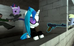 Size: 1680x1050 | Tagged: safe, artist:pinkie diane roosevelt phd, derpy hooves, dj pon-3, twilight sparkle, vinyl scratch, human, 3d, future twilight, gmod, gun, josef stalin, luger, pistol, source filmmaker