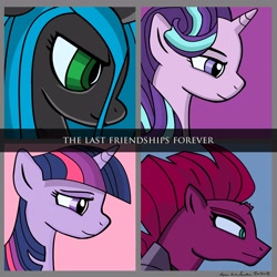 Size: 2800x2800 | Tagged: safe, artist:deanbirchum, queen chrysalis, starlight glimmer, tempest shadow, twilight sparkle, changeling, changeling queen, pony, unicorn, armor, broken horn, bust, female, horn, mare, smiling