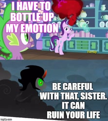 Size: 500x562 | Tagged: safe, screencap, king sombra, spike, starlight glimmer, dragon, pony, unicorn, all bottled up, anger magic, dark magic, magic