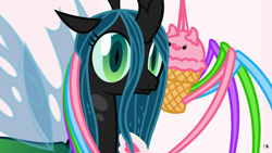 Size: 1920x1080 | Tagged: safe, artist:mixermike622, queen chrysalis, oc, changeling, changeling queen, spider, :t, animal, confused, eyelashes, female, fluffle puff tales, food, frown, hug, ice cream, ice cream cone, my little foody, simple background, smiling, wat, white background, wide eyes