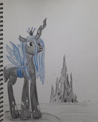 Size: 2448x3060 | Tagged: safe, artist:rockhoppr3, queen chrysalis, changeling, changeling queen, changeling hive, solo, traditional art