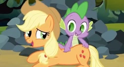 Size: 640x347 | Tagged: safe, screencap, applejack, spike, dragon, earth pony, pony, spike at your service, applespike, back scratching, butt touch, female, hand on butt, male, mare, massage, out of context, petting, plot, shipping, straight