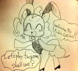 Size: 600x549 | Tagged: safe, artist:ino, pinkie pie, earth pony, pony, bunny suit, clothes, dialogue, high heels, leotard, monochrome, pixiv, solo