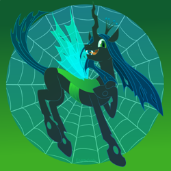 Size: 900x900 | Tagged: safe, artist:enigmadoodles, queen chrysalis, changeling, changeling queen, changelings in the comments, crown, fangs, female, gradient background, jewelry, open mouth, regalia, solo, spider web