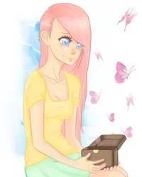 Size: 576x720 | Tagged: safe, artist:mylittlerennie, fluttershy, clothes, female, humanized, pink hair, solo