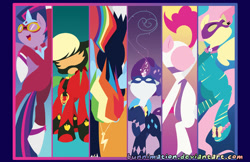 Size: 600x388 | Tagged: safe, artist:bunnimation, derpibooru import, applejack, fili-second, fluttershy, masked matter-horn, mistress marevelous, pinkie pie, radiance, rainbow dash, rarity, saddle rager, twilight sparkle, twilight sparkle (alicorn), zapp, alicorn, earth pony, pegasus, pony, unicorn, power ponies (episode), female, mane six, mare, minimalist, poster, power ponies