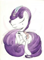 Size: 1024x1408 | Tagged: safe, artist:getchanoodlewet, rarity, pony, unicorn, alternate hairstyle, eyes closed, horn jewelry, jewelry, rearing, solo, tail bow, traditional art