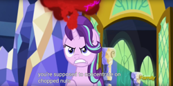 Size: 1920x960 | Tagged: safe, screencap, starlight glimmer, pony, all bottled up, anger magic, angry, magic, meme, solo, youtube caption