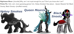 Size: 2880x1312 | Tagged: safe, king sombra, pony of shadows, queen chrysalis, changeling, changeling queen, pony, unicorn, friendship is magic, antagonist, curved horn, female, foreshadowing, horn, implied nightmare moon, implied pinkie pie, looking at you, male, simple background, stallion, text, white background