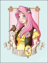 Size: 576x753 | Tagged: safe, artist:sassy-pigeon, fluttershy, clothes, female, humanized, pink hair, solo