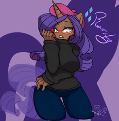 Size: 970x990 | Tagged: dead source, safe, artist:moneychan, rarity, beatnik rarity, beret, breasts, clothes, eared humanization, female, flesh horn, glasses, hat, horned humanization, humanized, raritits, solo, tailed humanization