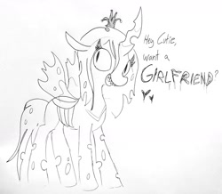 Size: 1583x1381 | Tagged: safe, artist:tjpones, queen chrysalis, changeling, changeling queen, bronybait, dialogue, female, flirting, grayscale, heart, lineart, looking at you, monochrome, simple background, solo, subtle as a train wreck, talking to viewer, traditional art