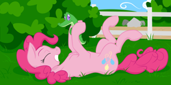 Size: 2000x1000 | Tagged: safe, artist:geomancing, gummy, pinkie pie, earth pony, pony, fence, happy, on back, smiling