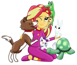 Size: 1023x862 | Tagged: safe, artist:majkashinoda626, angel bunny, gummy, opalescence, owlowiscious, sunset shimmer, tank, winona, equestria girls, clothes, cute, hilarious in hindsight, pajamas, pet, shimmerbetes, simple background, slippers, transparent background