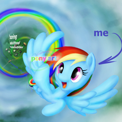 Size: 900x900 | Tagged: safe, artist:stratodraw, derpibooru import, edit, rainbow dash, pegasus, pony, female, flying, mare, ponyville, smiling, solo