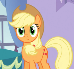 Size: 602x559 | Tagged: safe, screencap, applejack, earth pony, pony, spike at your service, applejack's hat, c:, cowboy hat, cute, female, hat, jackabetes, smiling, solo