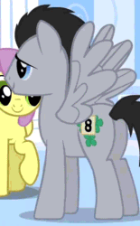 Size: 332x536 | Tagged: safe, screencap, derpy hooves, lucky clover, parasol, earth pony, pegasus, pony, sonic rainboom (episode), alternative cutie mark placement, animated, animation error, cropped, female, gif, inner thigh cutie mark, mare, plot, race swap