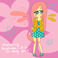 Size: 1280x1280 | Tagged: safe, artist:witchlette, fluttershy, clothes, female, humanized, pink hair, solo