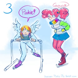 Size: 800x800 | Tagged: safe, artist:glasmond, derpibooru import, pinkie pie, rainbow dash, human, clothes, dialogue, humanized, ice skating, scarf, startled, winged humanization