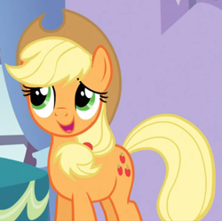 Size: 551x547 | Tagged: safe, screencap, applejack, earth pony, pony, spike at your service, female, mare, smiling, solo