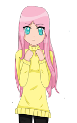 Size: 575x916 | Tagged: safe, artist:tangy-chan, fluttershy, clothes, female, humanized, pink hair, solo